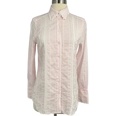 Camisa Bella Freud com botões listrada rosa gola recortada punhos tamanho 8 Preppy - Imagem 1 de 4