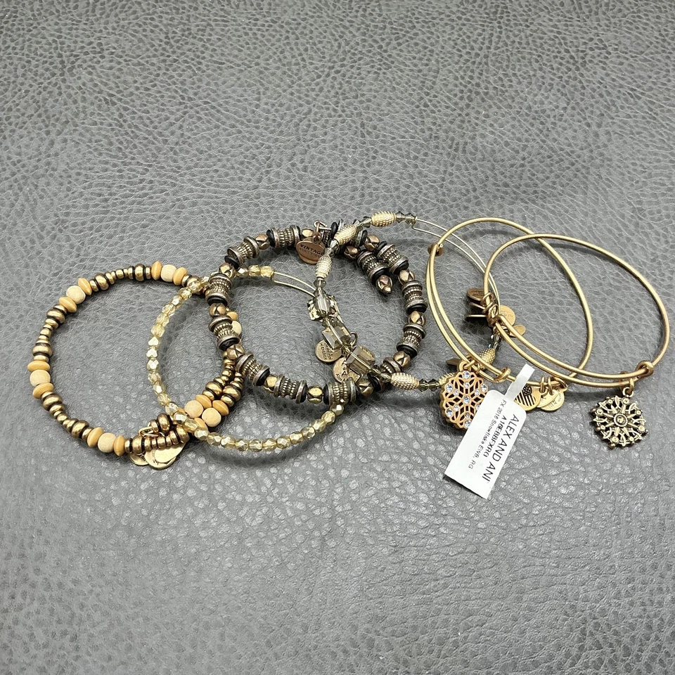 Lote de brazaletes apilables Alex And Ani para mujer 6 piezas tono dorado con cuentas Foto 1 de 4