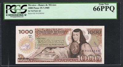 墨西哥 1000 比索 19-07-1985 P85 未流通 66 级 — 第 1/2 张图片