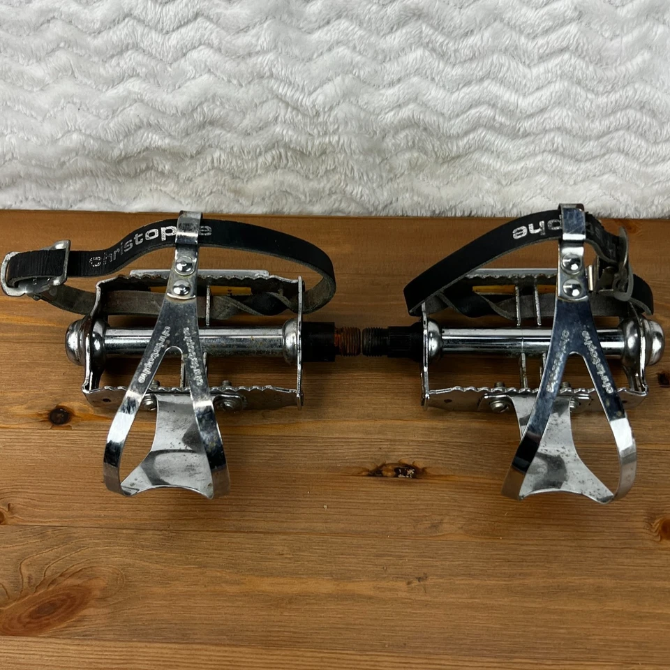 Vintage KKT Japan Quill Road Pedals Christophe Toe Clip Adjustable Leather Strap - Image 1 of 4