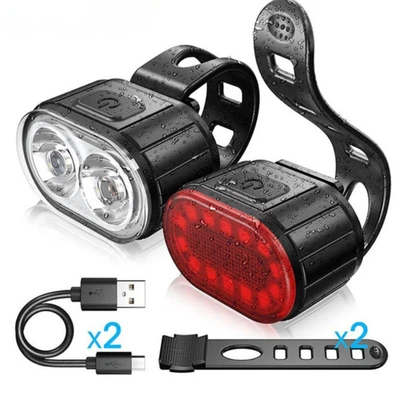 2x Mountain Bike Lights USB Rechargeable Bicycle LED Torch Front Rear | Lamp Set - Image 1 of 4