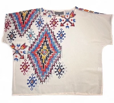 Double D Ranch Cream Semi sheer Aztec Blouse, M - Image 1 of 4