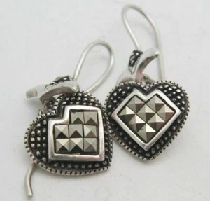 LOVELY ESTATE SILVER UNLIMITED MARCASITE STERLING SILVER HEART EARRINGS, 1.125" - Picture 1 of 7