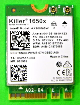 Tarjeta inalámbrica Alienware Area 51m Killer 1650x AX200NGW A00 Dell TKNXX Foto 1 de 3