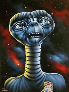 E.T. the Extra-Terrestrial drinking Coors Beer, oil on velvet. Size 24"x18" - Picture 1 of 14