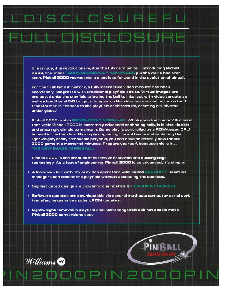 Pinball 2000 Full Disclosure Williams Pinball Flyer / Brochure/ Ad - Mint Cond - Image 1 of 1