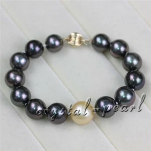 7.5-8" AAA 10-9 SOUTH SEA NATURAL White black PEARL BRACELET 14K GOLD CLASP - Picture 1 of 3