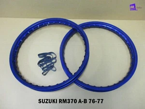 SUZUKI RM370 A/B 1976-1977 F & R ALUMINIUM BLUE WHEEL RIM SET **BI6141** - Picture 1 of 6