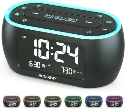 HOUSBAY Brillo Pequeño Reloj Despertador Radio para Dormitorios con Luz Nocturna de 7 Colores, Doble Foto 1 de 4