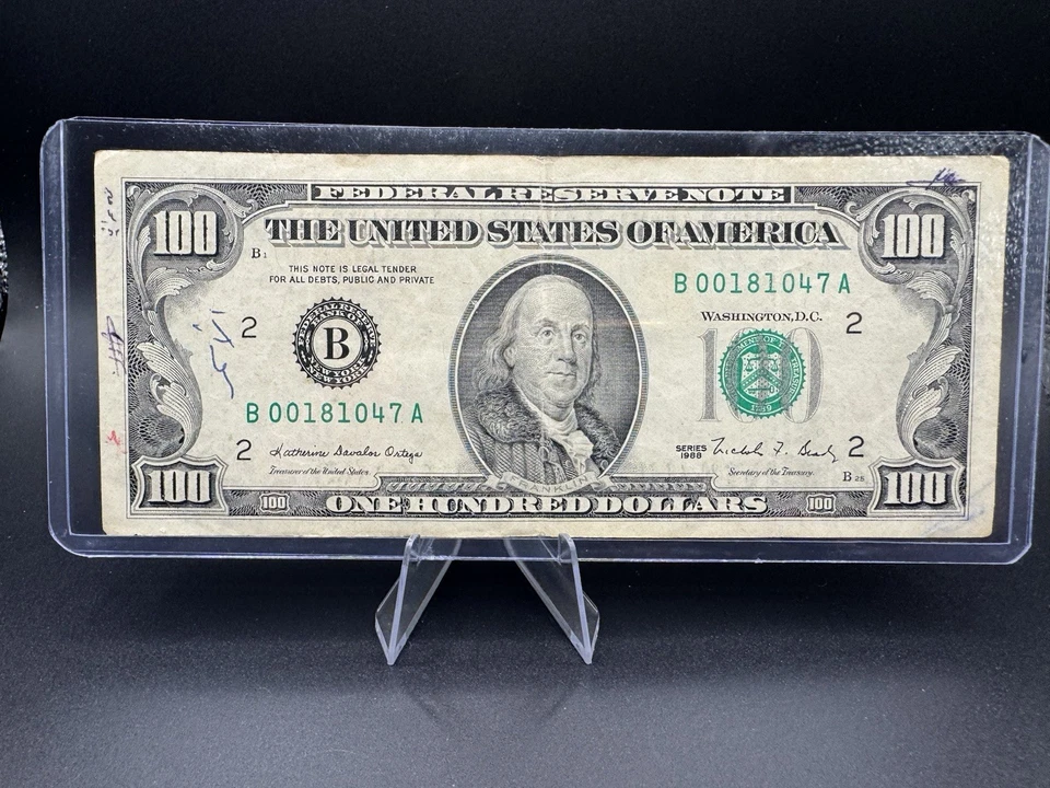 1988A $100 Small Head Franklin • Ink Writing & Stamp Variety 💚 B00181047A - Image 1 of 2