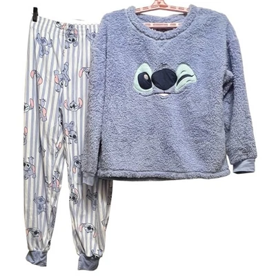 Disney Stitch Girls Pajama Set Size L (12-14) Faux Fur Top Printed Pants Blue - Image 1 of 4
