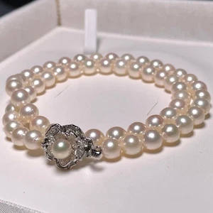 Akoya Pearl Necklace Semi-Round Silver White 6.5-6.9mm From Japan - Picture 1 of 24