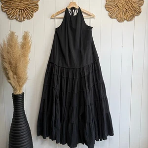 Free People maxi dress tiered halter ruffled cotton boho sleeveless Medium black - Picture 1 of 6