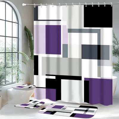 4 peças conjuntos de banheiro com cortina de chuveiro e tapetes, banheiro geométrico roxo sh... - Imagem 1 de 4