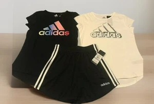 NWT ADIDAS GIRL'S 3 PC SET GYM SHORT SLEEVE SHIRTS & SHORTS BLACK WHITE L $75 - Picture 1 of 7