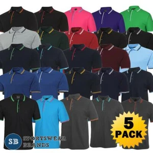 5 x Mens Contrast Polo Shirt Top Casual Stripe Team Sports Work Uniform New 2CP - Picture 1 of 21