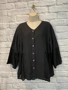 NWT Click Color Me Cotton Black Linen Peplum Bell Sleeve Button Front Top Sz L - Picture 1 of 8