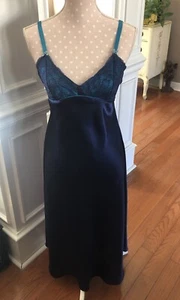 Vintage Jones New York Satin Nightgown Size Medium Lingerie Dress Navy & Teal - Picture 1 of 9
