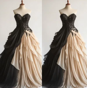 Gothic Black&Champagne Wedding Dresses Ruffles Lace Applique A-Line Bridal Gowns - Picture 1 of 8