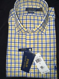 Ralph Lauren Polo Classic Fit Poplin Plaid Tattersall Blue Yellow Large New - Picture 1 of 7