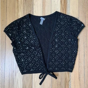 Y2K Ann Taylor Black Sequin Short Sleeve Bolero Cardigan Silk Cashmere Women S - Picture 1 of 10