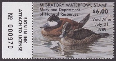 MATT'S STAMPS US SCOTT #15, $6 MARYLAND STATE DUCK STAMP 1988 MNH - Image 1 of 3