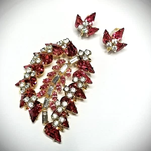 Vintage Symphony Original Rosa Strass Brosche Anhänger Ohrringe Set RAR 50er - Bild 1 von 10