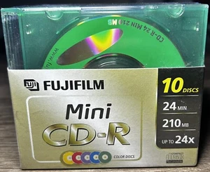 10 Pack Fujifilm Mini Color Discs CD-R 210MB 24X Write Speed & Color Jewel Cases - Picture 1 of 5