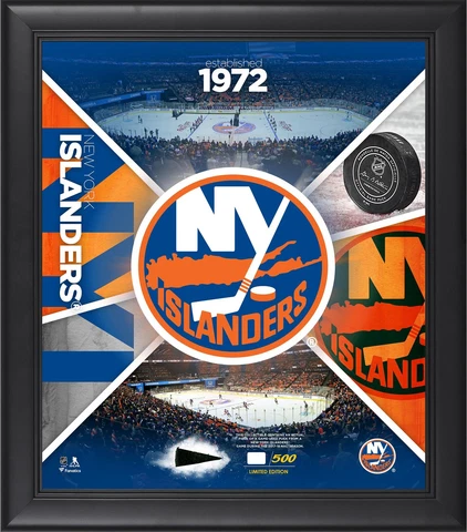 New York Islanders Framed 15" x 17" Team Impact Collage with a Piece of GU Puck Cover