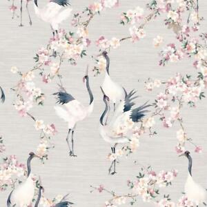 Arthouse Blossom Crane Natural Pink Wallpaper Floral Bird Flowers Grasscloth