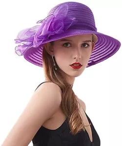 Women's Kentucky Derby Church Dress Hat Wide Brim Bridal Shower Drawstring Hat - Picture 1 of 26