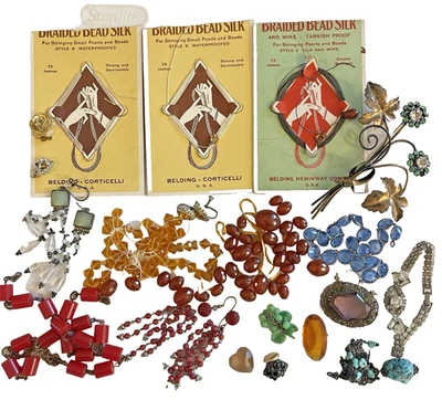 Joyería Antigua 4 Reparación Cuentas Seda Ámbar Granates Piedras Vidrio Foto 1 de 4