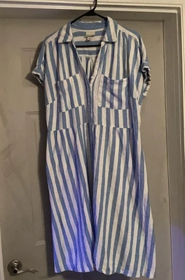 Vestido Ava & Viv Feminino 2XL Azul Branco Listrado Botão Frontal Camisa Midi Casual - Imagem 1 de 4