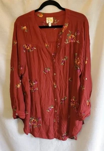 Top FIG & FLOWER Rojo Boho Bordado Floral Hippie Chic Suelto Talla 3X - Imagen 1 de 8