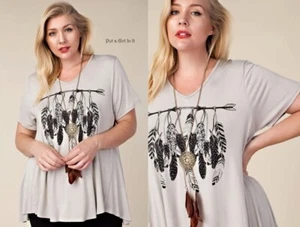 New VOCAL PLUS SIZE Womens CRYSTAL TAUPE NATIVE FEATHER TUNIC SHIRT 1X 2X 3X USA - Picture 1 of 6
