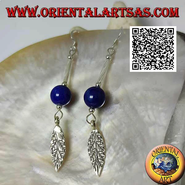  Orecchini in argento 925‰ pendenti con barretta, sfera di lapislazzulo e foglia - Immagine 1 di 1