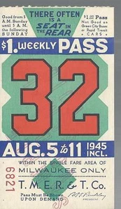 SELTEN 1945 MILWAUKEE WI. AREA WEEKLY $1.00 TRANSPORT PASS - Bild 1 von 1