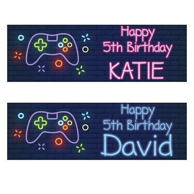 AMAZINGSTICKER 2 personalised birthday banner neon game console x box kids boy party poster