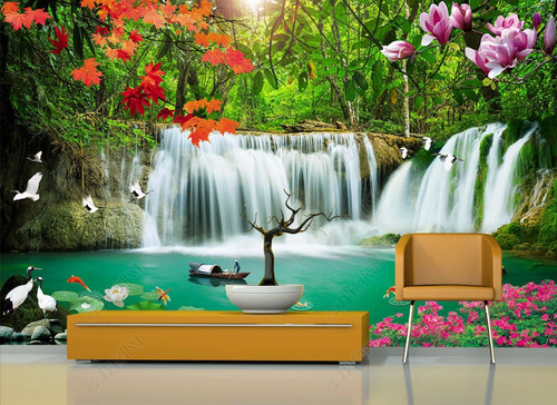 3D Forest Floral Waterfall Wallpaper Wall Mural Removable Self-adhesive ...