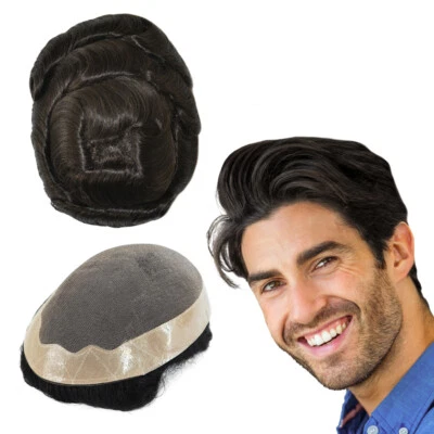 Sistema de reemplazo de cabello humano para hombre Pieza de cabello fino Mono Poli Piel Toupee Negro Foto 1 de 4