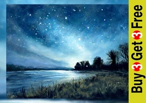 Peaceful Water Twilight 5"x7" Print on Matte Paper | Scenic Evening Artwork - Picture 1 of 17