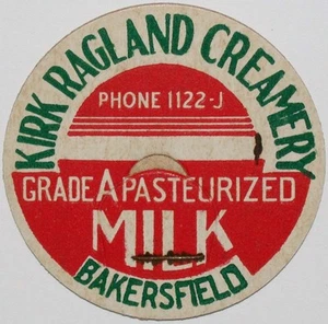 Tapa de botella de leche vintage KIRK RAGLAND CREAMERY Bakersfield California sin usar - Imagen 1 de 3