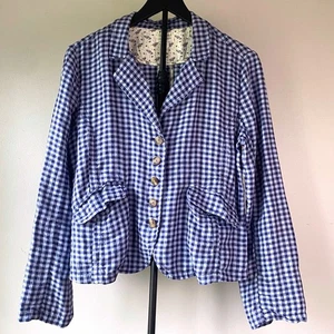 Sundance Ziri Blue Gingham Slouchy Linen Blazer Jacket Womens Petite Small - Picture 1 of 7