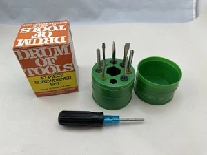 Vintage Drum of Tools 9-Piece Multi-Tool Screwdriver Set - 1978 Green Drum - Picture 1 of 7