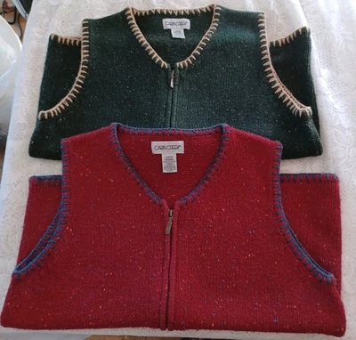 LOTE DE COLECCIÓN (2) CHALECOS SUÉTERES DE PUNTO MOTEADO CABIN CREEK CREMALLERA COMPLETA ROJO/VERDE GRANDE Foto 1 de 4