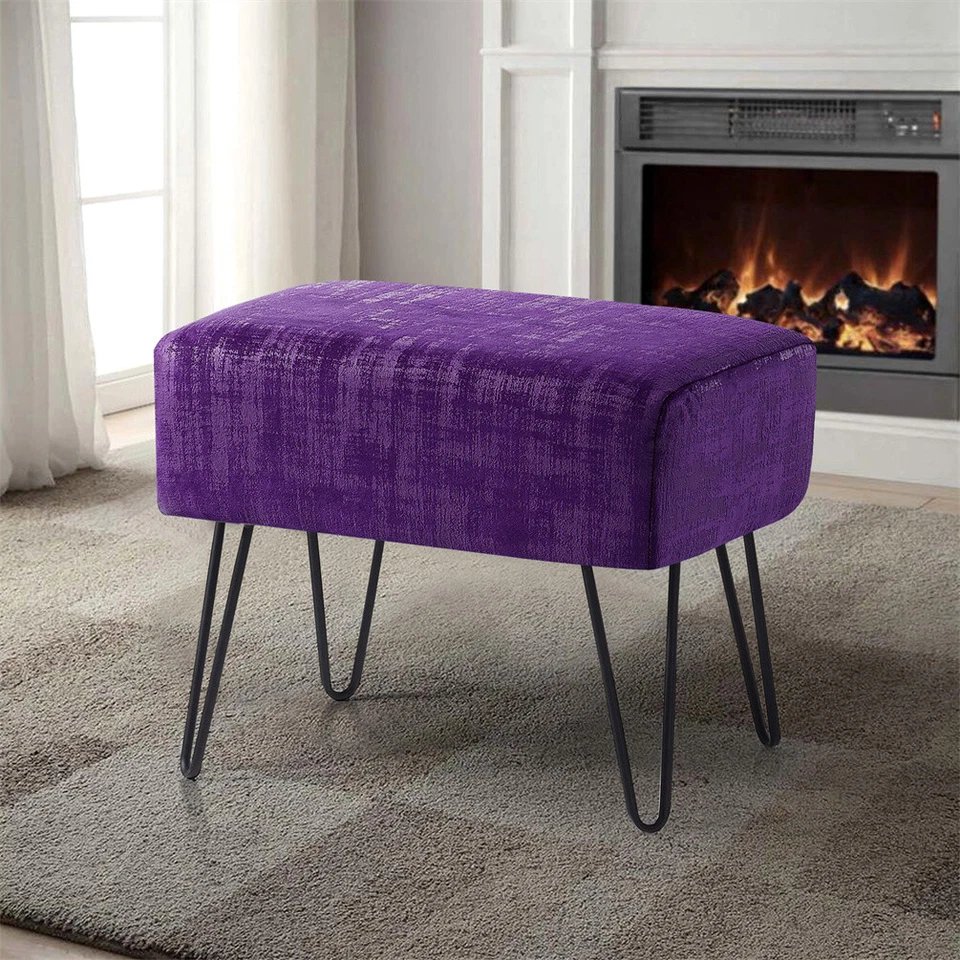 Plush Textured Velvet Ottoman Footstool Metal Legs Accent for Modern Living Room - Image 1 of 4