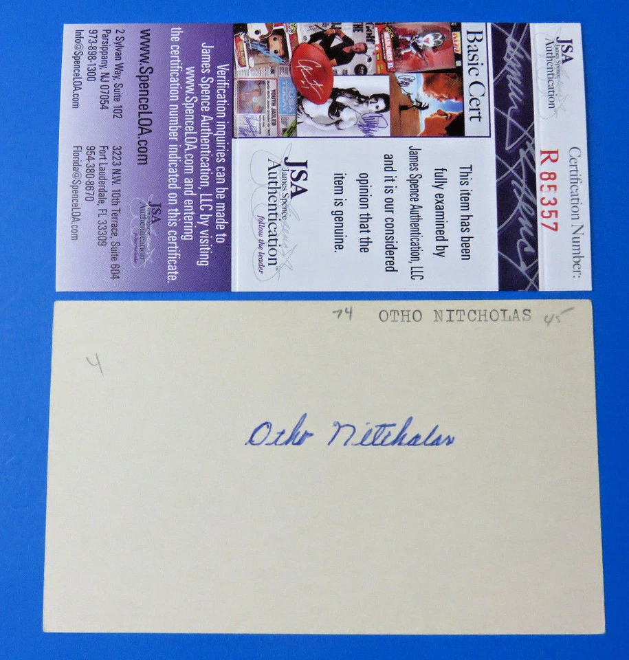 OTHO NITCHOLAS SIGNED 3x5 INDEX CARD ~ BROOKLYN DODGERS / WHITE SOX ~ JSA R85357 - Image 1 of 1