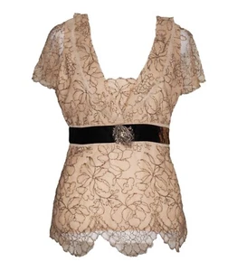 TIBI XS Beige Lace Top Velvet Trim Rosette Beaded Brown Y2K 90s Scalloped Floral - Foto 1 di 5