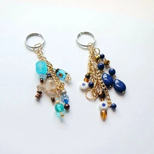 Handmade Beaded Dangly Chain Keychain Metallic Dark Blue or Light Aqua Sea Glass - Picture 1 of 13