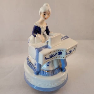 Vintage Music Box Ceramic Blue And White Woman Playing A Piano Rotating - Picture 1 of 11